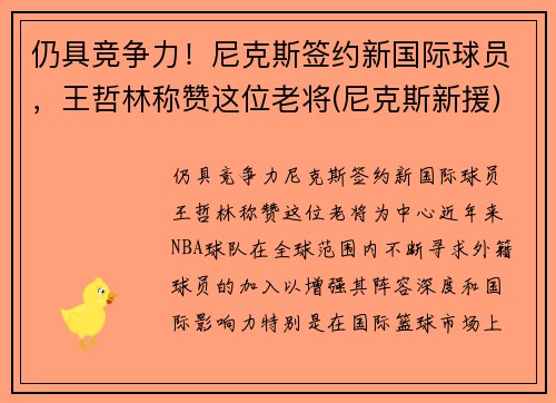 仍具竞争力！尼克斯签约新国际球员，王哲林称赞这位老将(尼克斯新援)