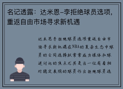 名记透露：达米恩-李拒绝球员选项，重返自由市场寻求新机遇