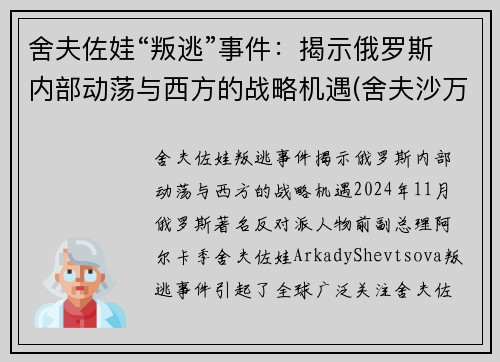 舍夫佐娃“叛逃”事件：揭示俄罗斯内部动荡与西方的战略机遇(舍夫沙万高清)