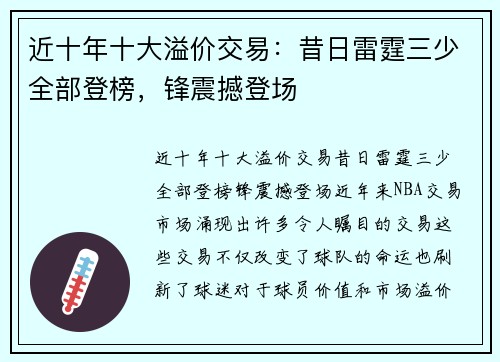 近十年十大溢价交易：昔日雷霆三少全部登榜，锋震撼登场